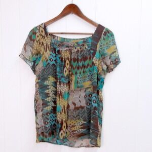 Sheer Printed Top Short Sleeve Square Neck Blouse Teal Brown Multicolor MP/#8032